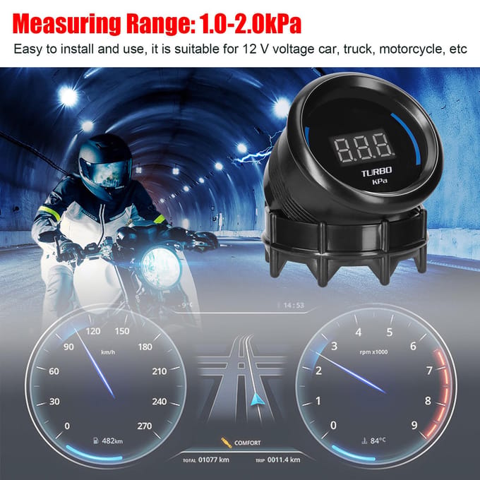 52mm Turbo Boost Gauge Auto Digitale Meter LED Display 1.0-2.0kPa met Sensor Alarm Functie voor Auto zwart