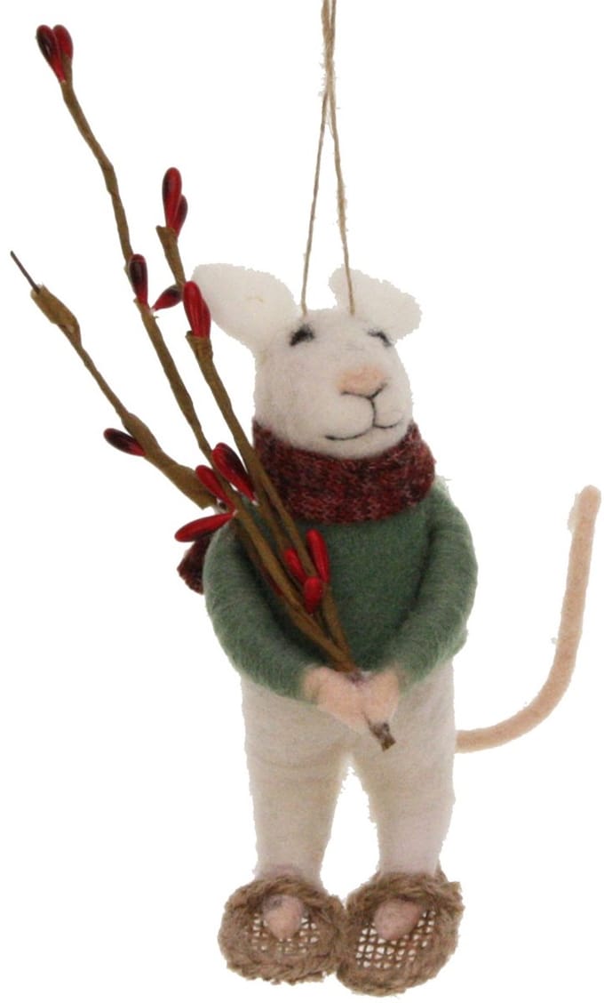 Muis met sneeuwschoenen/groene trui vilt 5x9,5x18cm