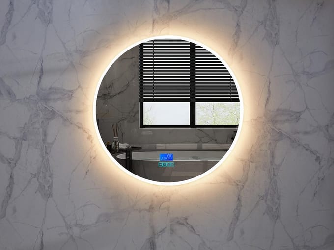 Mawialux LED Badkamerspiegel - Dimbaar - 60cm - Rond - Verwarming - Digitale Klok - Bluetooth - Laine
