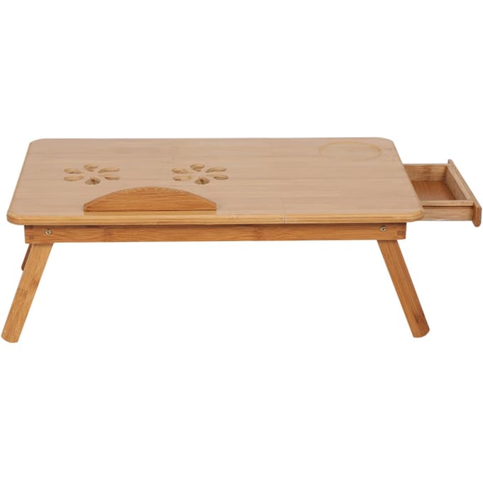Bureau pliable en bambou pour ordinateur portable, réglable, avec plateau et tiroir blanc
