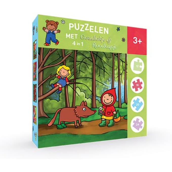 Puzzelen met Goudlokje en Roodkapje. 4-in-1-puzzel