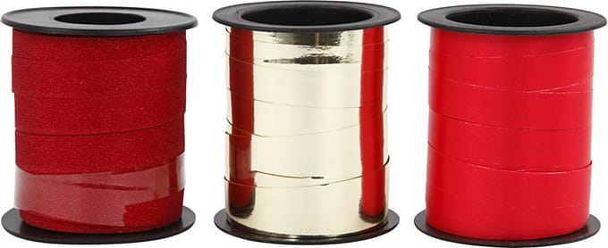 Cadeaulint, B: 10 mm, goud, rood, rood glitter, 3x15 m/ 1 doos