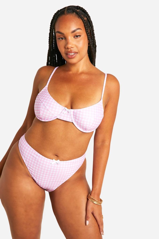 boohoo Dames Plus Gingham Print Hoog Getailleerde Bikini Slip | Pink | Maat: 22