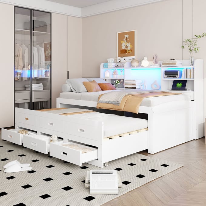 REDOM Bedbank – 90x200 cm – Met uitschuifbed, LED-verlichting, 3 lades & USB/Type-C – Spaanplaat & MDF – Wit