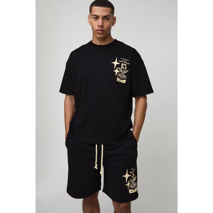 Oversized Moto Graphic T-Shirt & Short Set | Black | Size Medium