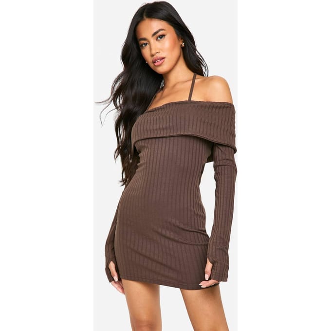 boohoo Dames Wide Rib Bardot Tie Mini Jurk | Chocolate | Maat: 16
