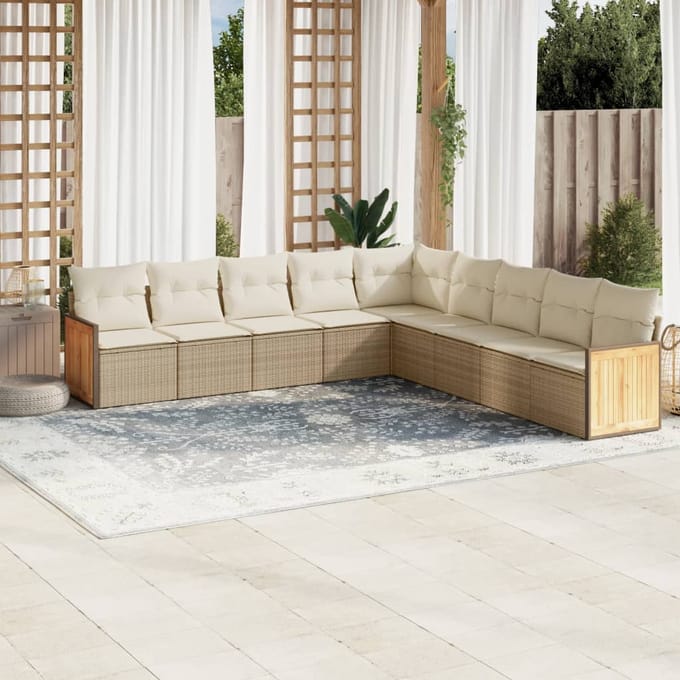 vidaXL - 9-delige - Loungeset - met - kussens - poly - rattan - beige