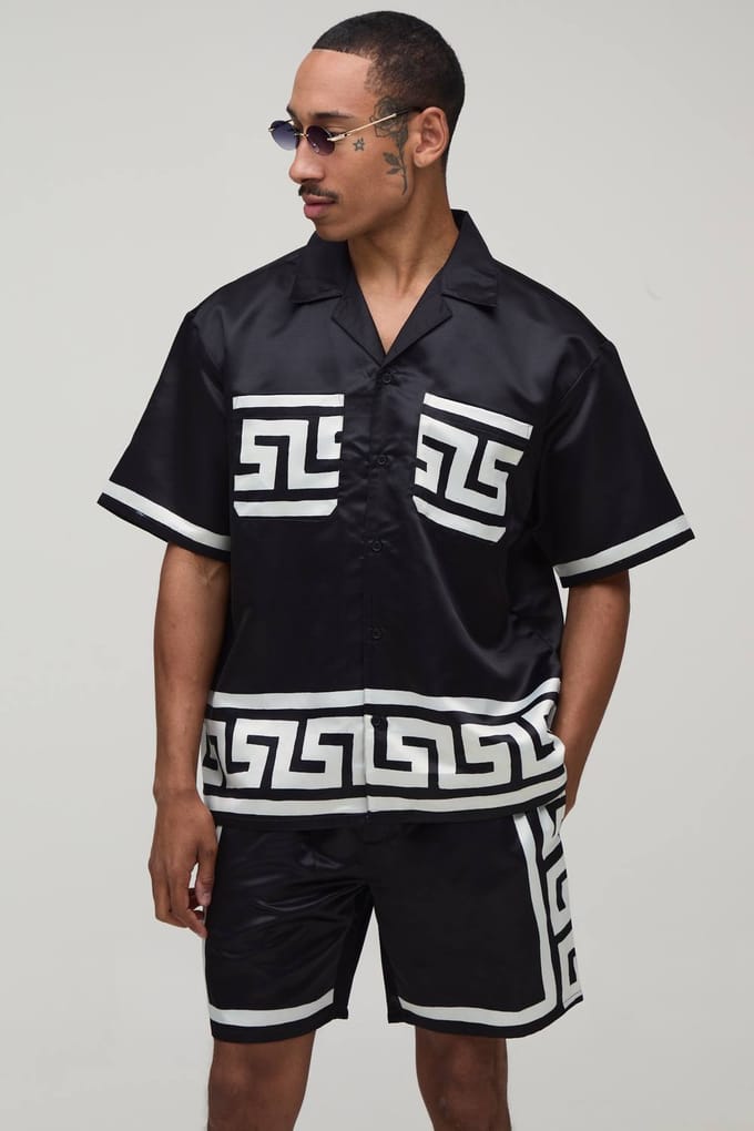 Oversized Short Sleeve Abstract Boarder Print Satin Shirt & Short Set | Black | Size Medium