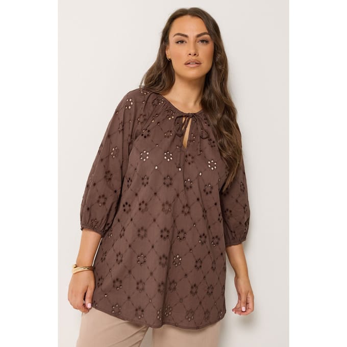 Yours Chocoladebruine Top Met Bloemenprint En Broderie Anglaise Size 42