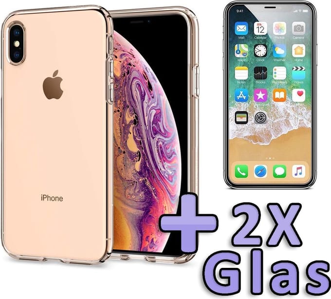 HB Hoesje Geschikt voor Apple iPhone XS Max - Siliconen Back Cover / 2X Glazen Screenprotector - Transparant