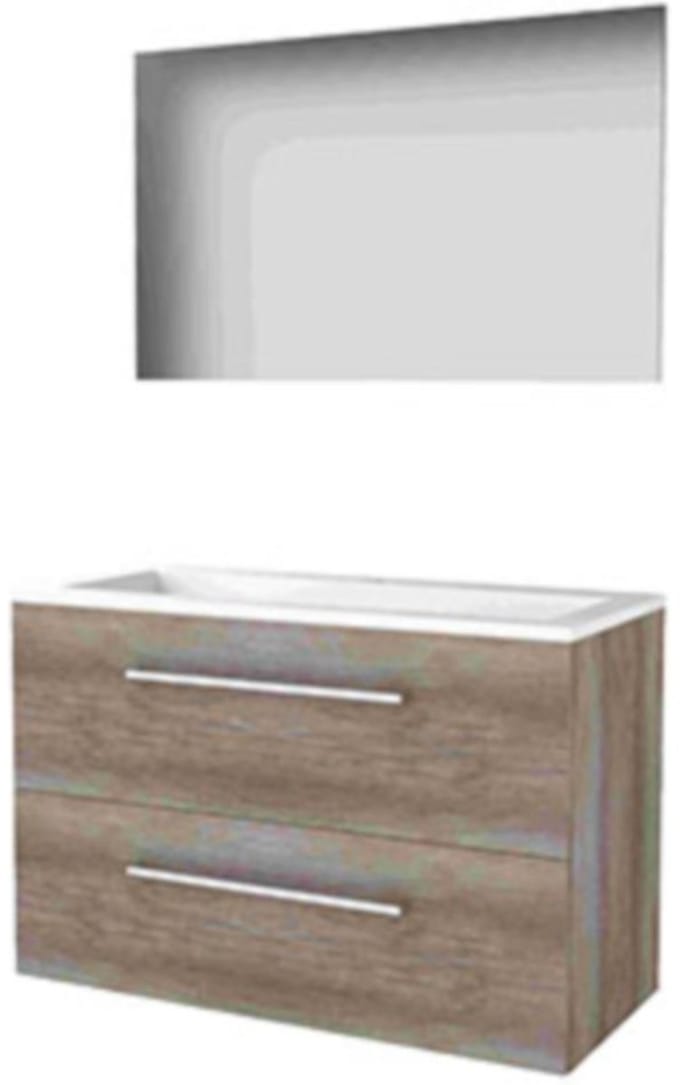 Basic-Line Basic 46 Badkamermeubelset - 100 x 46 cm - Met Grepen - 2 Lades - Acryl Wastafel - 1 Kraangat - Spiegel - Scotch Oak