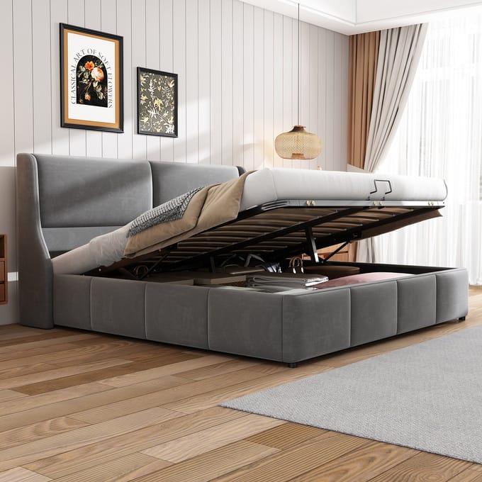 REDOM Ledikant 160x200 cm – Fluweel grijs – Met kussenhoofdbord & hydraulische opbergruimte – Luxe
