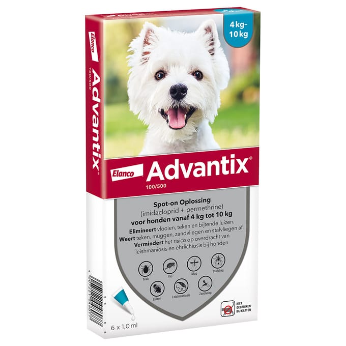 Advantix® 100/500 Spot-On Solution voor Honden 4 - 10 kg - Dubbelpak: 2 x 6 Pipetten - BE