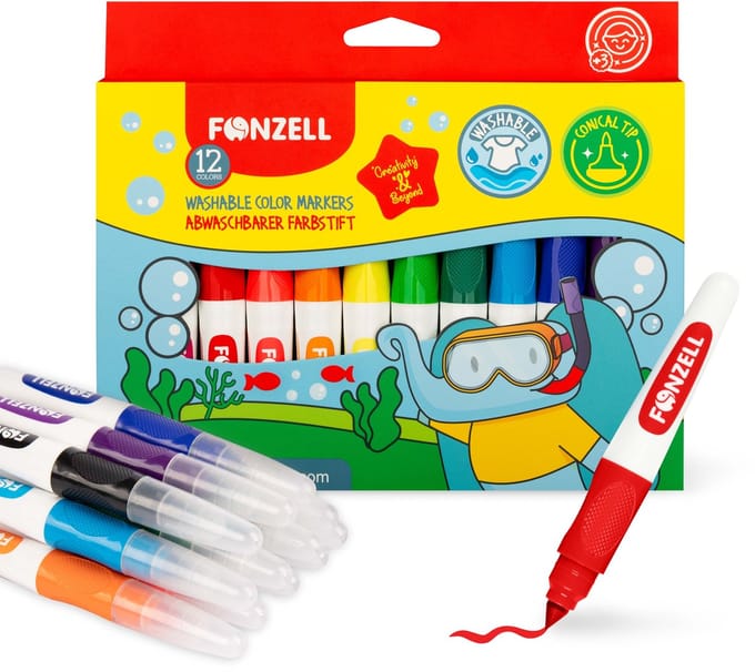 Fonzell Uitwasbare Kleurmarkerset - Vilstiften - 12 Kleuren