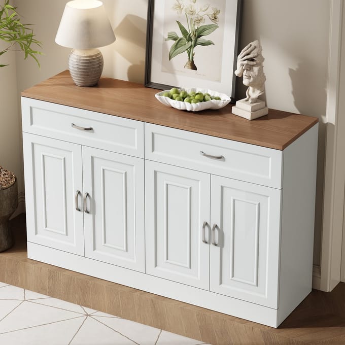 Sweiko Dressoir - 2 lades - Verstelbare planken - Houteffect tafelblad - Wit + Natuurlijke