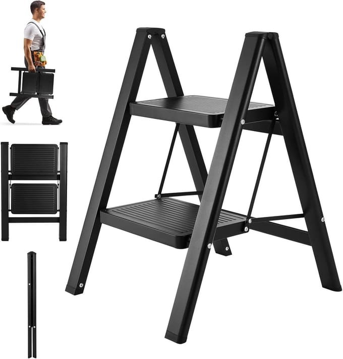 Famanu – Inklapbare trapladder met 2 treden lichtgewicht aluminium constructie en ruimtebesparend ontwerp