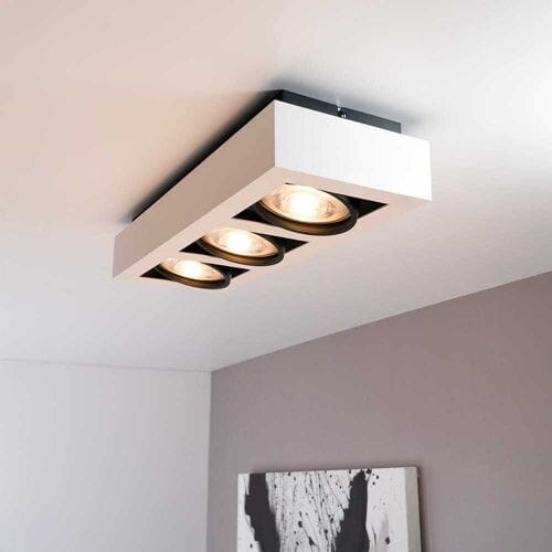 Castor bianco nero III by LUSENZ - Rechthoekige 3-lichts plafondlamp met richtbare spots, mat witte coating en matzwart interieur