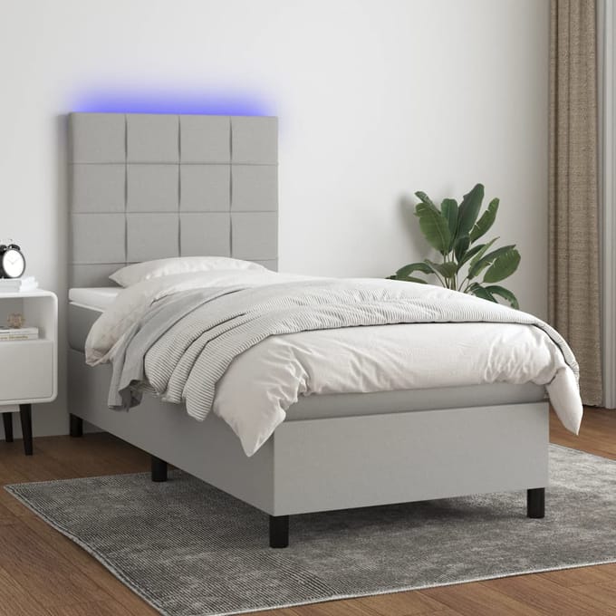 vidaXL - Boxspring - met - matras - en - LED - stof - lichtgrijs - 90x200 - cm