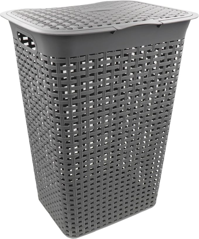 Wasmand met deksel rotanlook 55L - Hoekig, Grijs