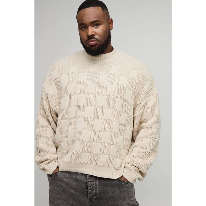 Plus Oversized Roll Neck Rib Mixed Cable Knitted Jumper | Stone | Size 2XL