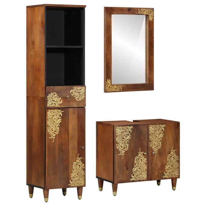 vidaXL - Badkamerkast - set - 3 - st - Honing - bruin - Massief - Mango - Hout