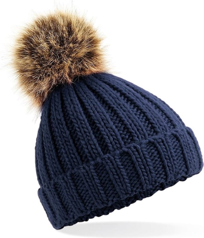 Grof gebreide wintermuts navy met bruine pompon voor dames