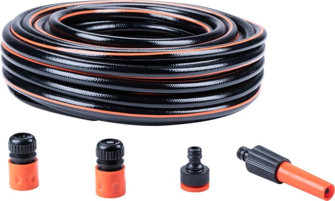 BLACK+DECKER Tuinslang met Koppelingen - Tuinslang Koppelingen Set 5 Stuks - 25 Meter - Max. 6Bar - PVC - Zwart/Oranje