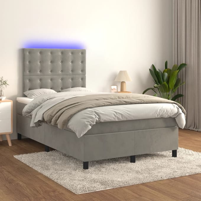 vidaXL - Boxspring - met - matras - en - LED - fluweel - lichtgrijs - 120x200 - cm