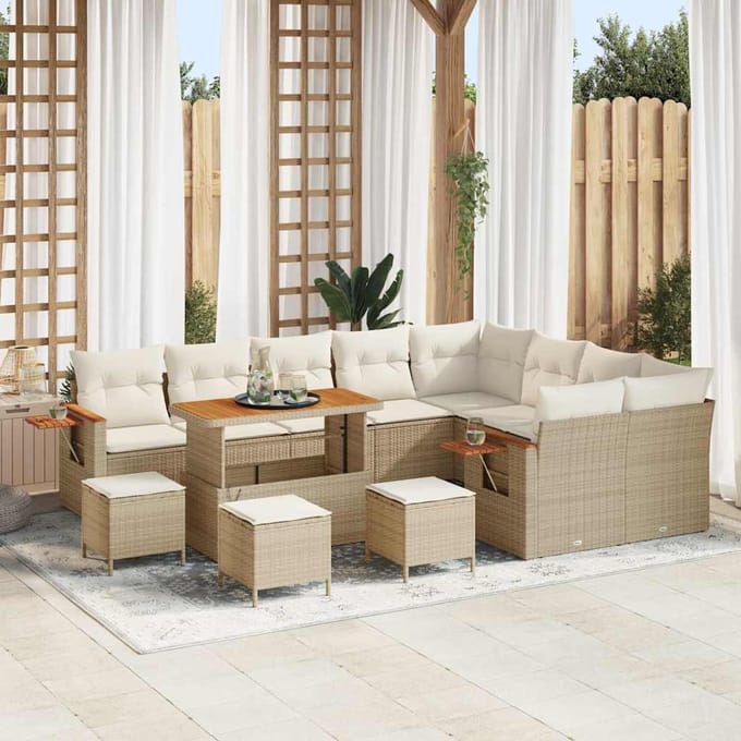 vidaXL - Tuinbank - Set - 14 - st - 10-zits - Beige - en - Crème - poly - rattan