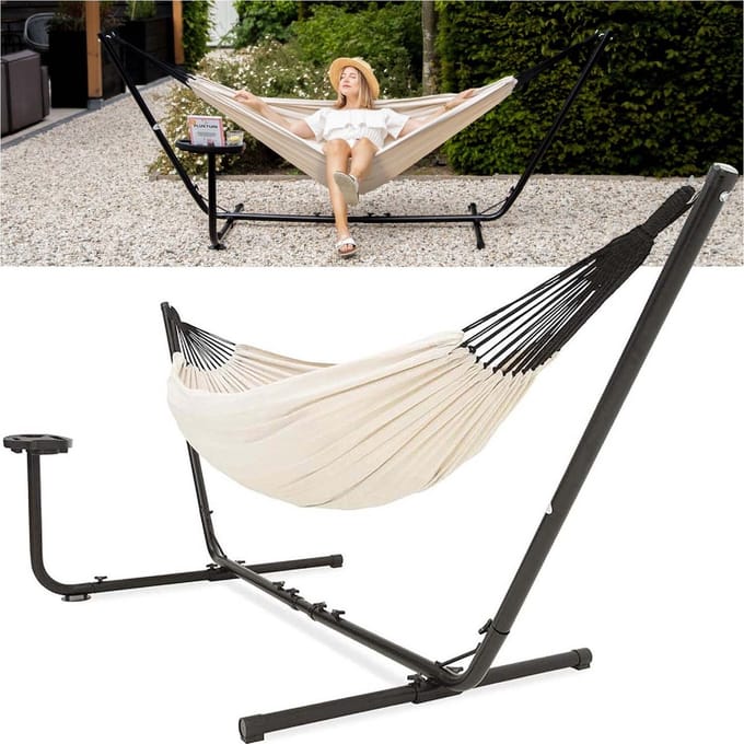 Vita5 Hangmat met Standaard – 2 Persoons – Incl. Bekerhouder – 150 kg Draaggewicht – Beige/Wit