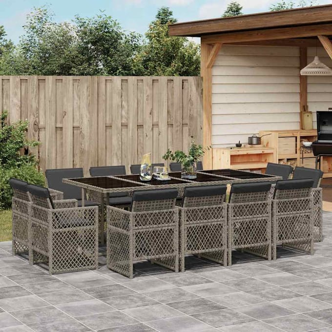 vidaXL - 13-delige - Tuinset - met - kussens - poly - rattan - grijs
