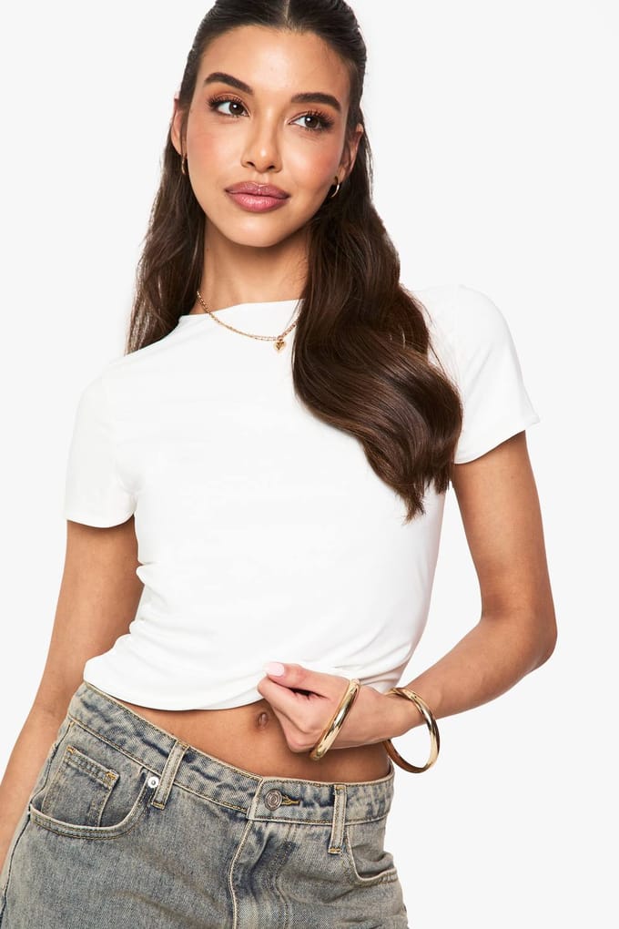 boohoo Dames Dubbel Laag Slinky Aangepaste T-Shirt | White | Maat: 12
