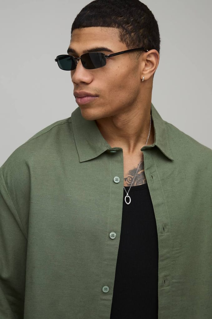 Oversized Boxy Long Sleeve Linen Co-Ord Blend Shirt | Olive | Size Medium