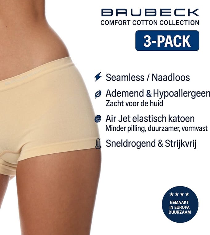 Brubeck Dames Boxershort – Naadloos (Seamless) Elastisch Katoen – 3-Pack - Beige - M