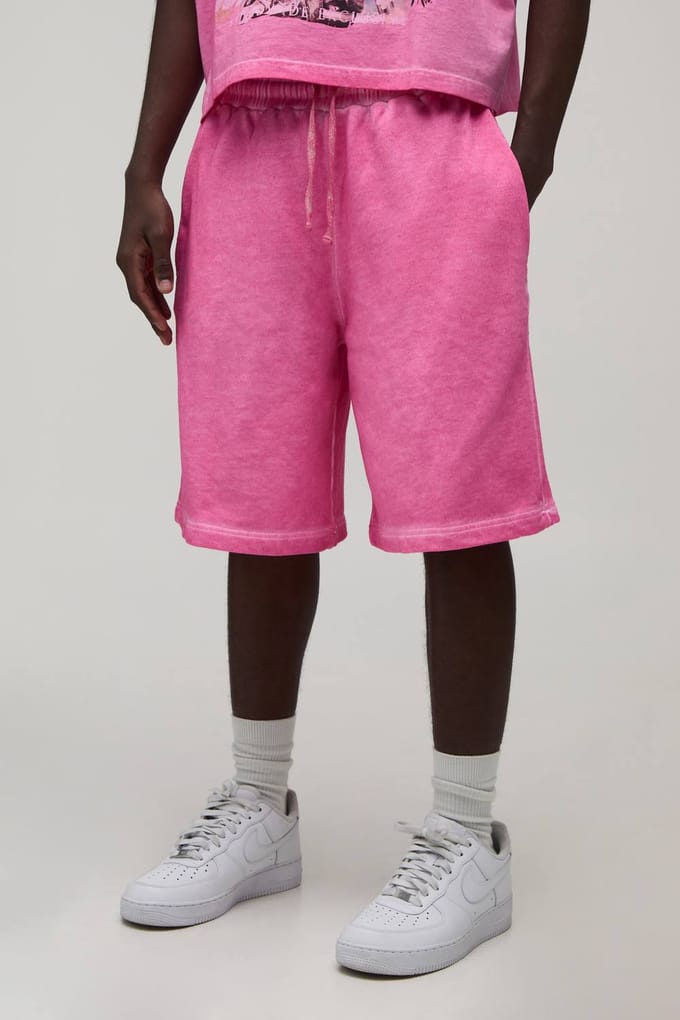 Ruimvallende Gewassen Felgekleurde Bedrukte Short | Pink | Size Medium