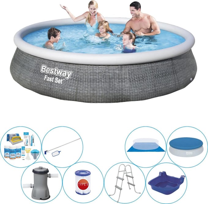 Fast Set Rattan Rond 396x84 cm - Zwembad Inclusief Accessoires