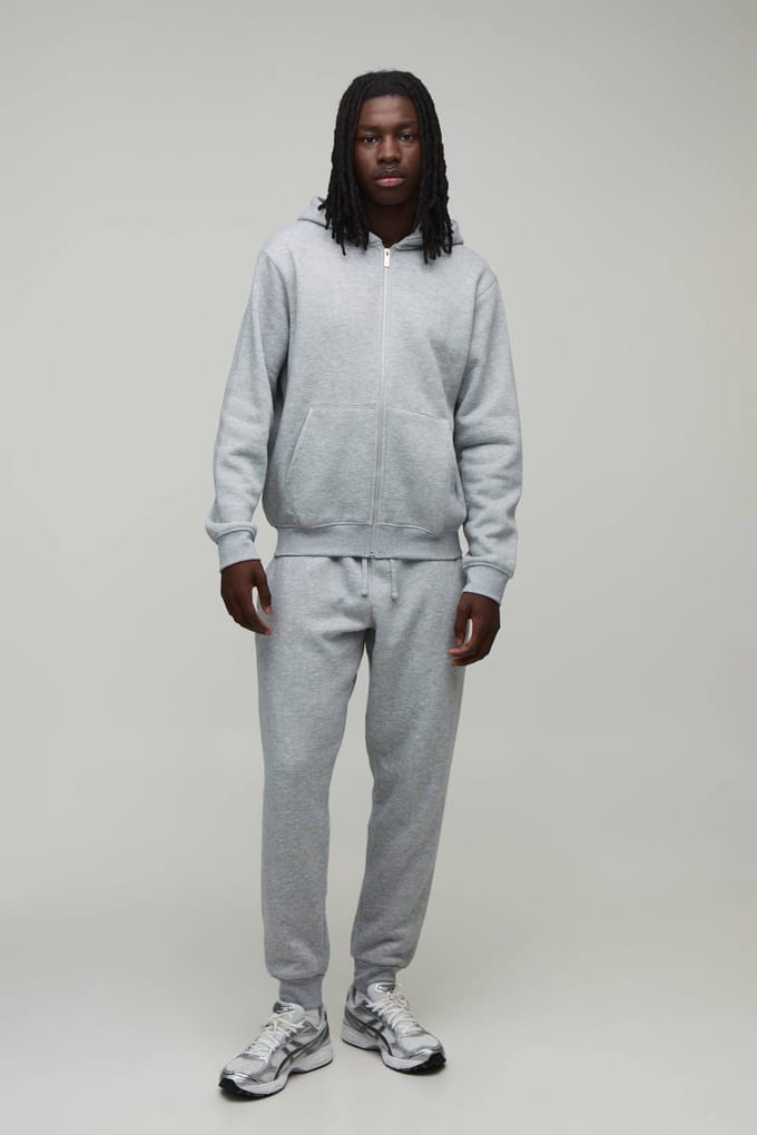 Regular Trainingspak Met Rits En Capuchon En Rechte Pijpen Met Boordjes | Grey Marl | Size Medium