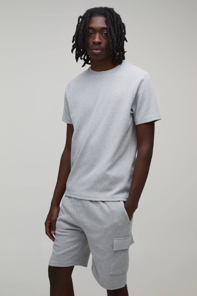 Slim Waffle T-Shirt & Cargo Short Set | Light Grey | Size Medium