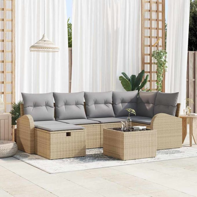 vidaXL - Bankstel - 7 - st - Beige - en - Lichtgrijs - poly - rattan