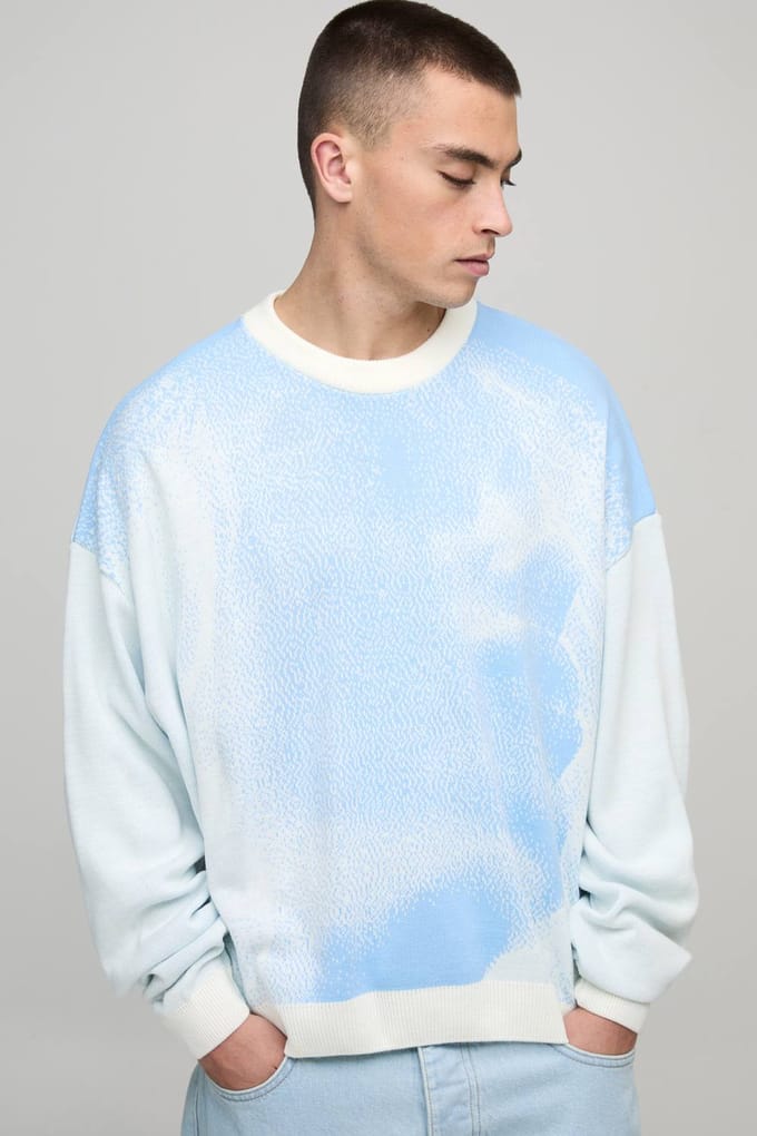 Oversized Boxy Ombre Face Knitted Jumper | Blue | Size XL