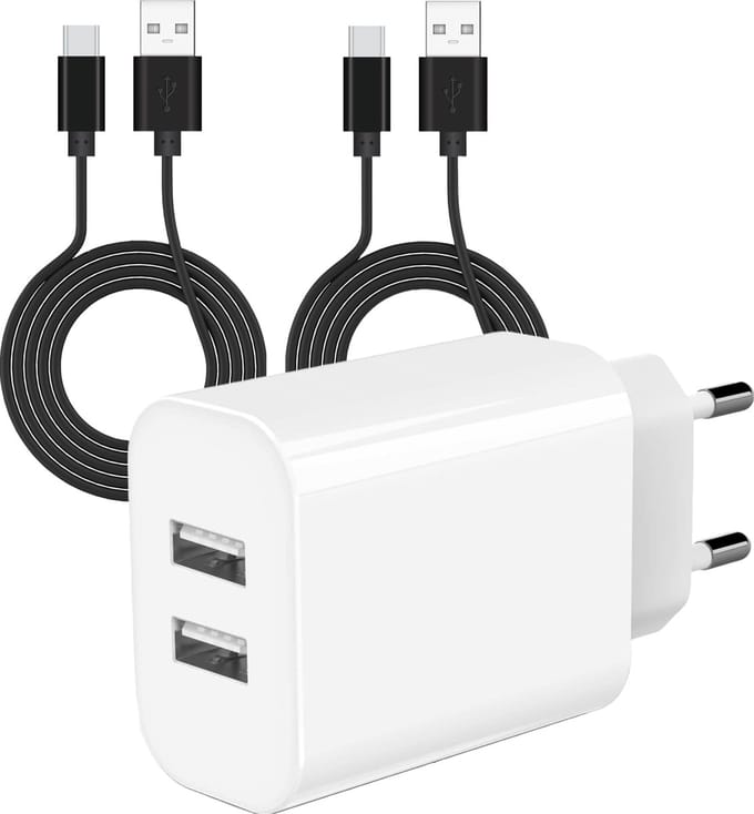 USB Oplader met 2 Poorten + 2x Sterke USB-C Kabel - 2 Meter - Geschikt voor A52, A53, A23, A22, S21, S20, S22