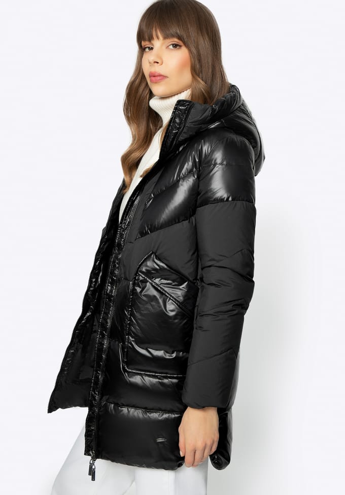 Wittchen Dames Donsjas in Combinatiematerialen met Capuchon, Zwart Nylon
