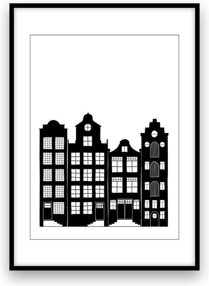 Poster: Grachtenpanden - A4 - Zwart-wit