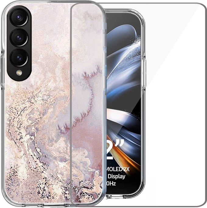 Hoesje geschikt voor Samsung Fold 4 - Back Cover Siliconen Case Marmeren Hoes Roze + Screen Protector Gehard Glas Screenprotector
