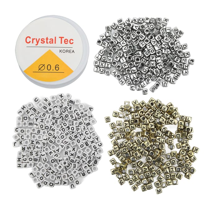 600 Pièces Perles Lettres Avec Fil de Pêche Coordination Œil-Main Stimuler l'Imagination Blanc Or Argent gray