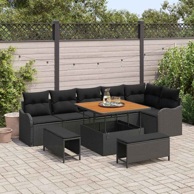 vidaXL - Tuinbank - Set - 9 - st - Zwart - poly - rattan