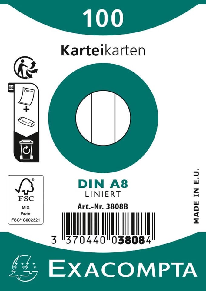 Exacompta Pak 100 steekkaarten in folie - bristol gelijnd niet geperforeerd 55x74mm - Wit - 3808B