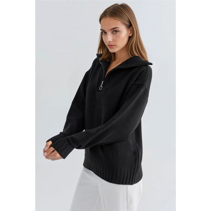 Oversized Geribde Gebreide Trui met Ritskraag