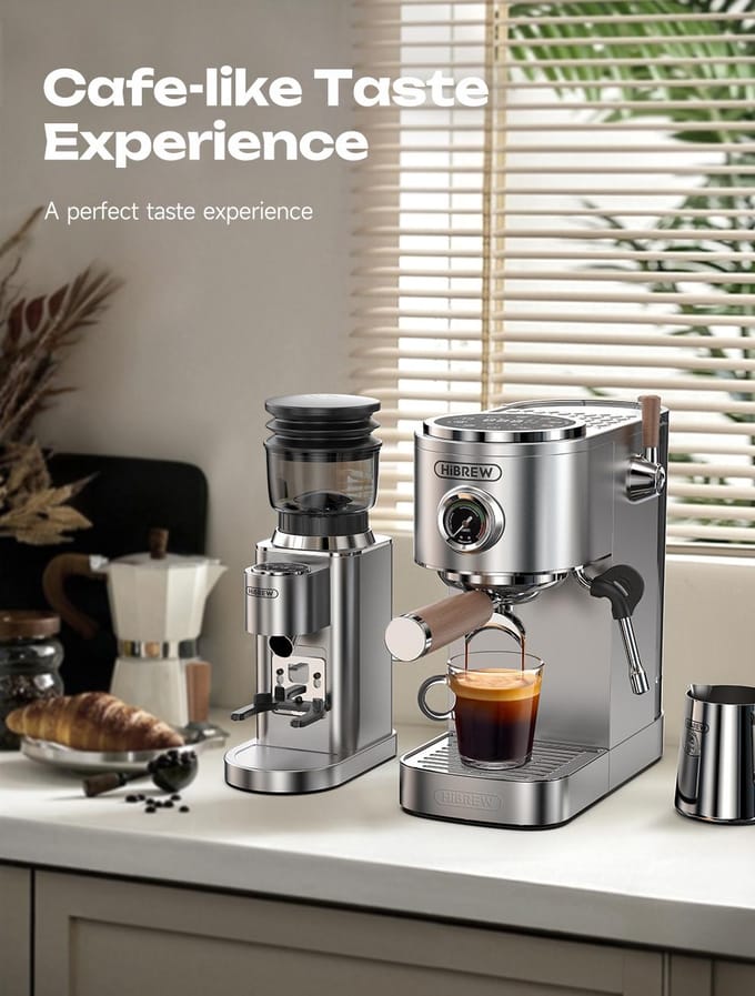 HiBREW H13 Semi-automatische Koffiemachine, Dubbel Boilersysteem met 20 Bar Pompdruk, Multifunctionele Zetmodi zilver