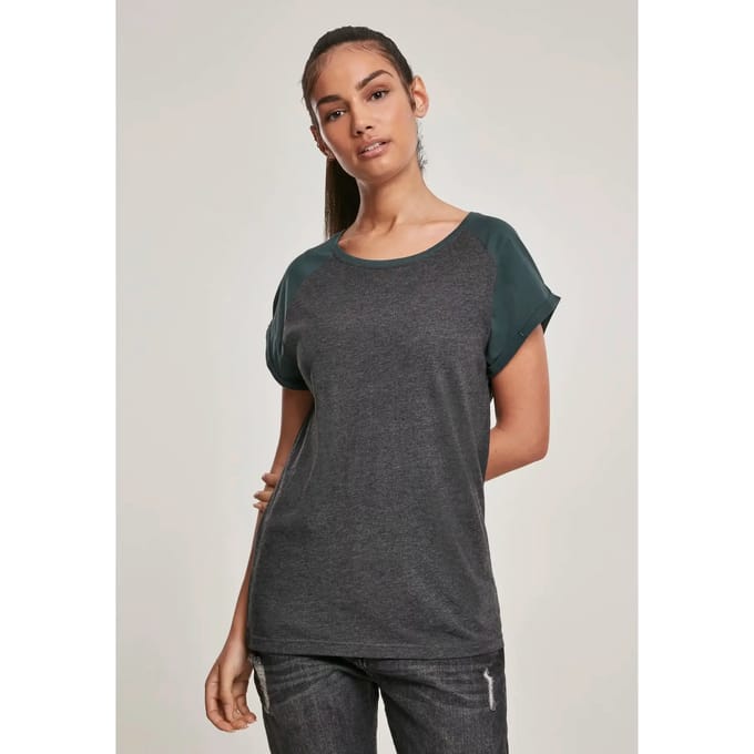 Urban Classics Contrast Raglan Tee Dames T-shirt - houtskool/groen - S